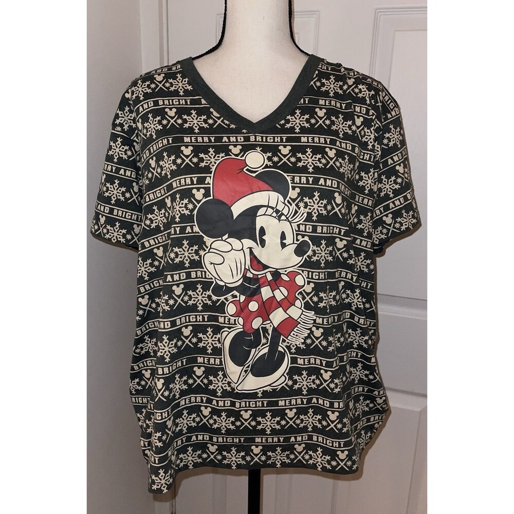 Disney Women Top 2XL Green Fair Isle T-Shirt Minnie Mouse Christmas V Neck